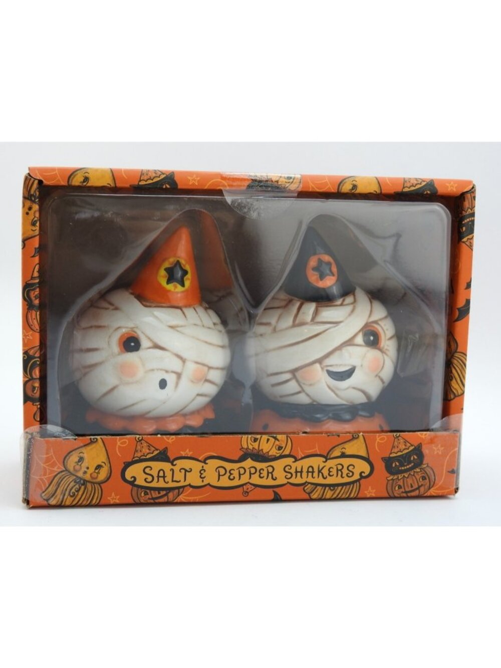 Johanna Parker Halloween Mummy Salt Pepper Shakers Witch Hats NIB